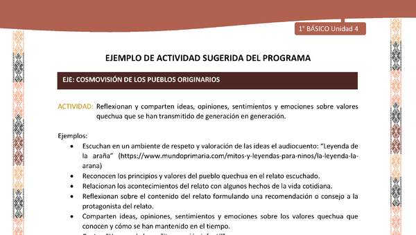 Actividad sugerida LC01 - Quechua - U4 - N°47: Reflexionan y comparten ideas, opiniones, sentimientos y emociones sobre valores quechua que se han transmitido de generación en generación. Actividad sugerida LC01 - Quechua - U4 - N°47: Reflexionan y comparten ideas, opiniones, sentimientos y emociones sobre valores quechua que se han transmitido de generación en generación.