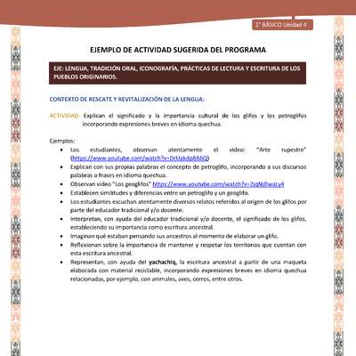 Actividad sugerida LC01 - Quechua - U4 - N°43: Explican el significado y la importancia cultural de los glifos y los petroglifos incorporando expresiones breves en idioma quechua. Actividad sugerida LC01 - Quechua - U4 - N°43: Explican el significado y la importancia cultural de los glifos y los petroglifos incorporando expresiones breves en idioma quechua.