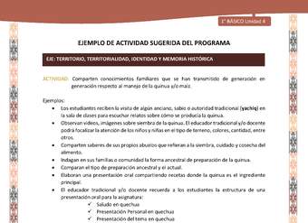 Actividad sugerida LC01 - Quechua - U4 - N°46: Comparten conocimientos familiares que se han transmitido de generación en generación respecto al manejo de la quinua y/o maíz. Actividad sugerida LC01 - Quechua - U4 - N°46: Comparten conocimientos familiares que se han transmitido de generación en generación respecto al manejo de la quinua y/o maíz.