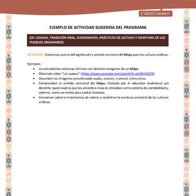 Actividad sugerida LC01 - Quechua - U4 - N°45: Conversan acerca del significado y sentido ancestral del khipu para las culturas andinas. Actividad sugerida LC01 - Quechua - U4 - N°45: Conversan acerca del significado y sentido ancestral del khipu para las culturas andinas.