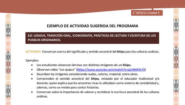 Actividad sugerida LC01 - Quechua - U4 - N°45: Conversan acerca del significado y sentido ancestral del khipu para las culturas andinas. Actividad sugerida LC01 - Quechua - U4 - N°45: Conversan acerca del significado y sentido ancestral del khipu para las culturas andinas.