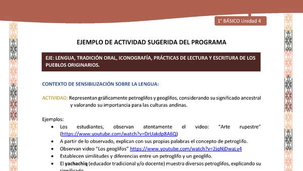 Actividad sugerida LC01 - Quechua - U4 - N°42: Representan gráficamente petroglifos y geoglifos, considerando su significado ancestral y valorando su importancia para las culturas andinas. Actividad sugerida LC01 - Quechua - U4 - N°42: Representan gráficamente petroglifos y geoglifos, considerando su significado ancestral y valorando su importancia para las culturas andinas.