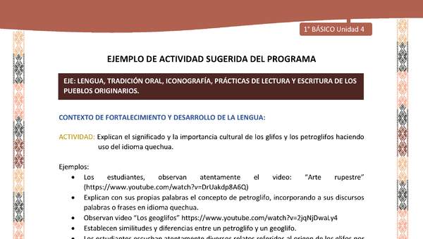 Actividad sugerida LC01 - Quechua - U4 - N°44: Explican el significado y la importancia cultural de los glifos y los petroglifos haciendo uso del idioma quechua. Actividad sugerida LC01 - Quechua - U4 - N°44: Explican el significado y la importancia cultural de los glifos y los petroglifos haciendo uso del idioma quechua.
