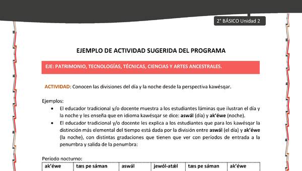 Actividad sugerida: LC02 - KAWÉSQAR - U2 - N°5: CONOCEN LAS DIVISIONES DEL DÍA Y LA NOCHE DESDE LA PERSPECTIVA KAWÉSQAR. Actividad sugerida: LC02 - KAWÉSQAR - U2 - N°5: CONOCEN LAS DIVISIONES DEL DÍA Y LA NOCHE DESDE LA PERSPECTIVA KAWÉSQAR.