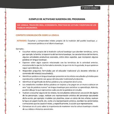 Actividad sugerida: LC02 - KAWÉSQAR - U1 - N°1: ESCUCHAN Y COMPRENDEN RELATOS PROPIOS DE LA TRADICIÓN DEL PUEBLO KAWÉSQAR, Y RECONOCEN PALABRAS EN EL IDIOMA KAWÉSQAR. Actividad sugerida: LC02 - KAWÉSQAR - U1 - N°1: ESCUCHAN Y COMPRENDEN RELATOS PROPIOS DE LA TRADICIÓN DEL PUEBLO KAWÉSQAR, Y RECONOCEN PALABRAS EN EL IDIOMA KAWÉSQAR.