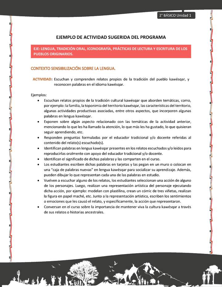 Actividad sugerida: LC02 - KAWÉSQAR - U1 - N°1: ESCUCHAN Y COMPRENDEN RELATOS PROPIOS DE LA TRADICIÓN DEL PUEBLO KAWÉSQAR, Y RECONOCEN PALABRAS EN EL IDIOMA KAWÉSQAR. Actividad sugerida: LC02 - KAWÉSQAR - U1 - N°1: ESCUCHAN Y COMPRENDEN RELATOS PROPIOS DE LA TRADICIÓN DEL PUEBLO KAWÉSQAR, Y RECONOCEN PALABRAS EN EL IDIOMA KAWÉSQAR.