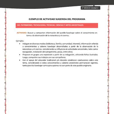 Actividad sugerida: LC02 - KAWÉSQAR - U2 - N°4: BUSCAN Y COMPARTEN INFORMACIÓN DEL PUEBLO KAWÉSQAR SOBRE EL CONOCIMIENTO EN TORNO A LA OBSERVACIÓN DE LA NATURALEZA Y EL COSMOS. Actividad sugerida: LC02 - KAWÉSQAR - U2 - N°4: BUSCAN Y COMPARTEN INFORMACIÓN DEL PUEBLO KAWÉSQAR SOBRE EL CONOCIMIENTO EN TORNO A LA OBSERVACIÓN DE LA NATURALEZA Y EL COSMOS.