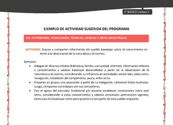 Actividad sugerida: LC02 - KAWÉSQAR - U2 - N°4: BUSCAN Y COMPARTEN INFORMACIÓN DEL PUEBLO KAWÉSQAR SOBRE EL CONOCIMIENTO EN TORNO A LA OBSERVACIÓN DE LA NATURALEZA Y EL COSMOS. Actividad sugerida: LC02 - KAWÉSQAR - U2 - N°4: BUSCAN Y COMPARTEN INFORMACIÓN DEL PUEBLO KAWÉSQAR SOBRE EL CONOCIMIENTO EN TORNO A LA OBSERVACIÓN DE LA NATURALEZA Y EL COSMOS.