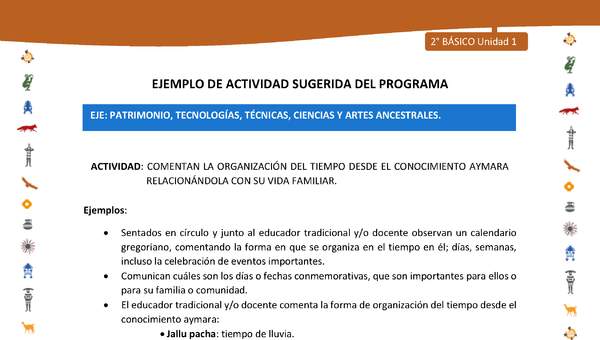 Actividad sugerida Nº 11- LC02 - INTERCULTURALIDAD-U1-EP - COMENTAN LA ORGANIZACIÓN DEL TIEMPO DESDE EL CONOCIMIENTO AYMARA RELACIONÁNDOLA CON SU VIDA FAMILIAR. Actividad sugerida Nº 11- LC02 - INTERCULTURALIDAD-U1-EP - COMENTAN LA ORGANIZACIÓN DEL TIEMPO DESDE EL CONOCIMIENTO AYMARA RELACIONÁNDOLA CON SU VIDA FAMILIAR.