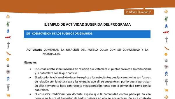 Actividad sugerida Nº 7- LC02 - INTERCULTURALIDAD-U2-ECO - COMENTAN LA RELACIÓN DEL PUEBLO COLLA CON SU COMUNIDAD Y LA NATURALEZA. Actividad sugerida Nº 7- LC02 - INTERCULTURALIDAD-U2-ECO - COMENTAN LA RELACIÓN DEL PUEBLO COLLA CON SU COMUNIDAD Y LA NATURALEZA.