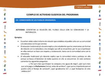Actividad sugerida Nº 7- LC02 - INTERCULTURALIDAD-U2-ECO - COMENTAN LA RELACIÓN DEL PUEBLO COLLA CON SU COMUNIDAD Y LA NATURALEZA. Actividad sugerida Nº 7- LC02 - INTERCULTURALIDAD-U2-ECO - COMENTAN LA RELACIÓN DEL PUEBLO COLLA CON SU COMUNIDAD Y LA NATURALEZA.