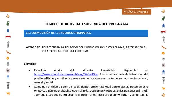 Actividad sugerida Nº 4- LC02 - INTERCULTURALIDAD-U4-ECO - REPRESENTAN LA RELACIÓN DEL PUEBLO WILLICHE CON EL MAR, PRESENTE EN EL RELATO DEL ABUELITO HUENTELLAO. Actividad sugerida Nº 4- LC02 - INTERCULTURALIDAD-U4-ECO - REPRESENTAN LA RELACIÓN DEL PUEBLO WILLICHE CON EL MAR, PRESENTE EN EL RELATO DEL ABUELITO HUENTELLAO.