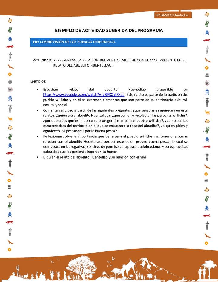 Actividad sugerida Nº 4- LC02 - INTERCULTURALIDAD-U4-ECO - REPRESENTAN LA RELACIÓN DEL PUEBLO WILLICHE CON EL MAR, PRESENTE EN EL RELATO DEL ABUELITO HUENTELLAO. Actividad sugerida Nº 4- LC02 - INTERCULTURALIDAD-U4-ECO - REPRESENTAN LA RELACIÓN DEL PUEBLO WILLICHE CON EL MAR, PRESENTE EN EL RELATO DEL ABUELITO HUENTELLAO.