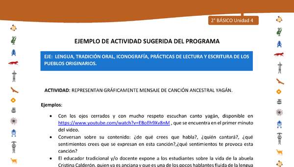 Actividad sugerida Nº 1- LC02 - INTERCULTURALIDAD-U4-LS - REPRESENTAN GRÁFICAMENTE MENSAJE DE CANCIÓN ANCESTRAL YAGÁN. Actividad sugerida Nº 1- LC02 - INTERCULTURALIDAD-U4-LS - REPRESENTAN GRÁFICAMENTE MENSAJE DE CANCIÓN ANCESTRAL YAGÁN.
