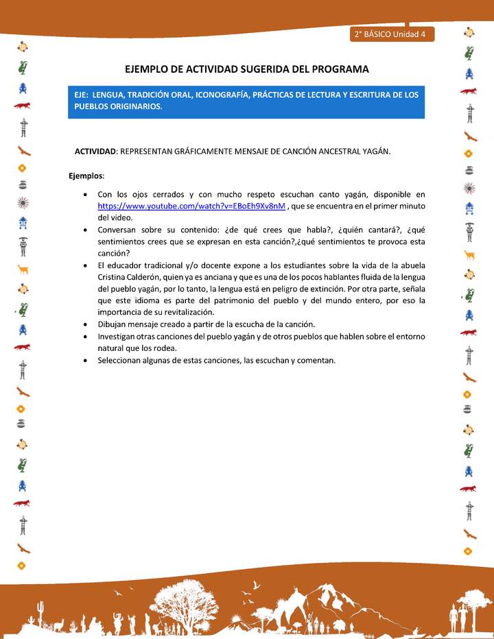 Actividad sugerida Nº 1- LC02 - INTERCULTURALIDAD-U4-LS - REPRESENTAN GRÁFICAMENTE MENSAJE DE CANCIÓN ANCESTRAL YAGÁN. Actividad sugerida Nº 1- LC02 - INTERCULTURALIDAD-U4-LS - REPRESENTAN GRÁFICAMENTE MENSAJE DE CANCIÓN ANCESTRAL YAGÁN.