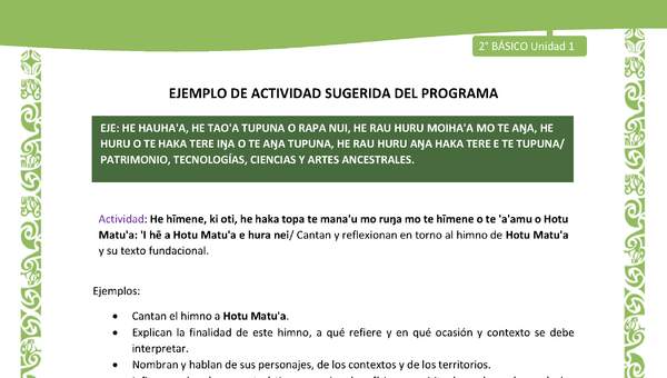 Actividad sugerida LC02 - Rapa Nui - U1 - N°21: Cantan y reflexionan en torno al himno de Hotu Matu'a y su texto fundacional. Actividad sugerida LC02 - Rapa Nui - U1 - N°21: Cantan y reflexionan en torno al himno de Hotu Matu'a y su texto fundacional.