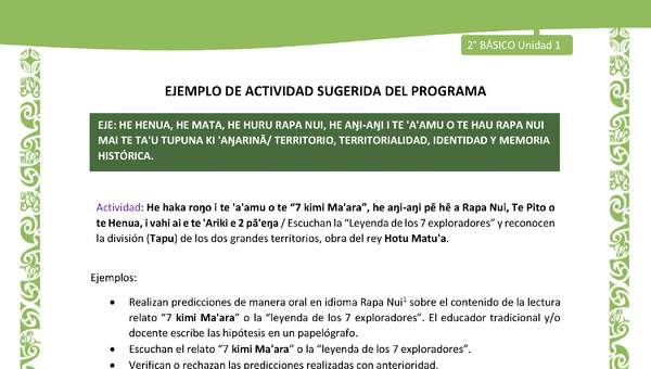 Actividad sugerida LC02 - Rapa Nui - U1 - N°12: Escuchan la “Leyenda de los 7 exploradores” y reconocen la división (Tapu) de los dos grandes territorios, obra del rey Hotu Matu'a. Actividad sugerida LC02 - Rapa Nui - U1 - N°12: Escuchan la “Leyenda de los 7 exploradores” y reconocen la división (Tapu) de los dos grandes territorios, obra del rey Hotu Matu'a.