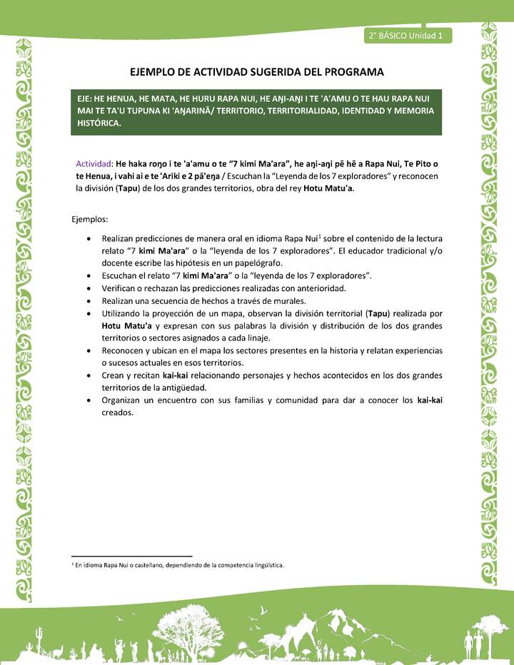 Actividad sugerida LC02 - Rapa Nui - U1 - N°12: Escuchan la “Leyenda de los 7 exploradores” y reconocen la división (Tapu) de los dos grandes territorios, obra del rey Hotu Matu'a. Actividad sugerida LC02 - Rapa Nui - U1 - N°12: Escuchan la “Leyenda de los 7 exploradores” y reconocen la división (Tapu) de los dos grandes territorios, obra del rey Hotu Matu'a.