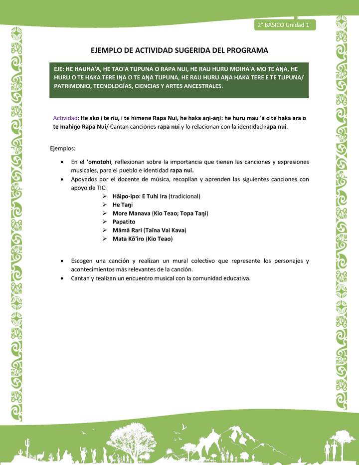 Actividad sugerida LC02 - Rapa Nui - U1 - N°22: Cantan canciones rapa nui y lo relacionan con la identidad rapa nui. Actividad sugerida LC02 - Rapa Nui - U1 - N°22: Cantan canciones rapa nui y lo relacionan con la identidad rapa nui.