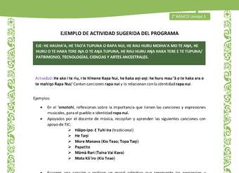 Actividad sugerida LC02 - Rapa Nui - U1 - N°22: Cantan canciones rapa nui y lo relacionan con la identidad rapa nui. Actividad sugerida LC02 - Rapa Nui - U1 - N°22: Cantan canciones rapa nui y lo relacionan con la identidad rapa nui.