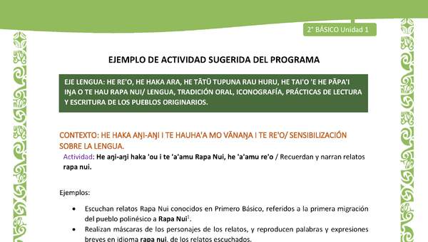 Actividad sugerida LC02 - Rapa Nui - U1 - N°01: Recuerdan y narran relatos rapa nui. Actividad sugerida LC02 - Rapa Nui - U1 - N°01: Recuerdan y narran relatos rapa nui.