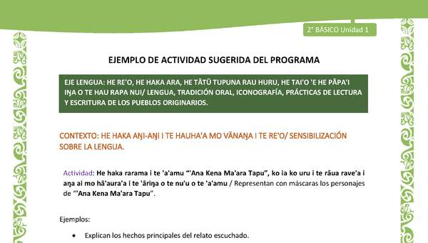 Actividad sugerida LC02 - Rapa Nui - U1 - N°02: Representan con máscaras los personajes de “'Ana Kena Ma'ara Tapu”. Actividad sugerida LC02 - Rapa Nui - U1 - N°02: Representan con máscaras los personajes de “'Ana Kena Ma'ara Tapu”.