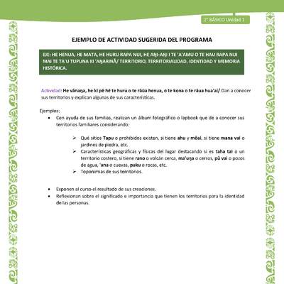 Actividad sugerida LC02 - Rapa Nui - U1 - N°15: Dan a conocer sus territorios y explican algunas de sus características. Actividad sugerida LC02 - Rapa Nui - U1 - N°15: Dan a conocer sus territorios y explican algunas de sus características.