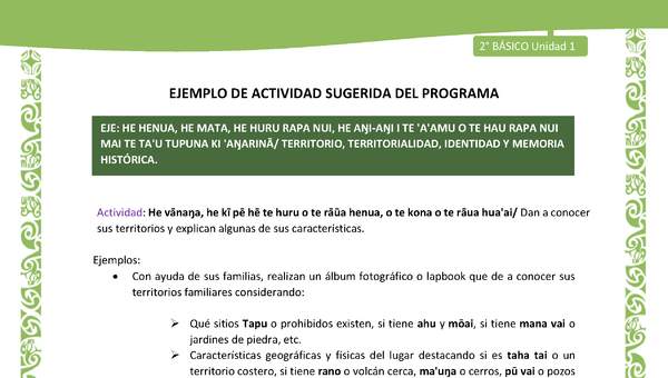 Actividad sugerida LC02 - Rapa Nui - U1 - N°15: Dan a conocer sus territorios y explican algunas de sus características. Actividad sugerida LC02 - Rapa Nui - U1 - N°15: Dan a conocer sus territorios y explican algunas de sus características.
