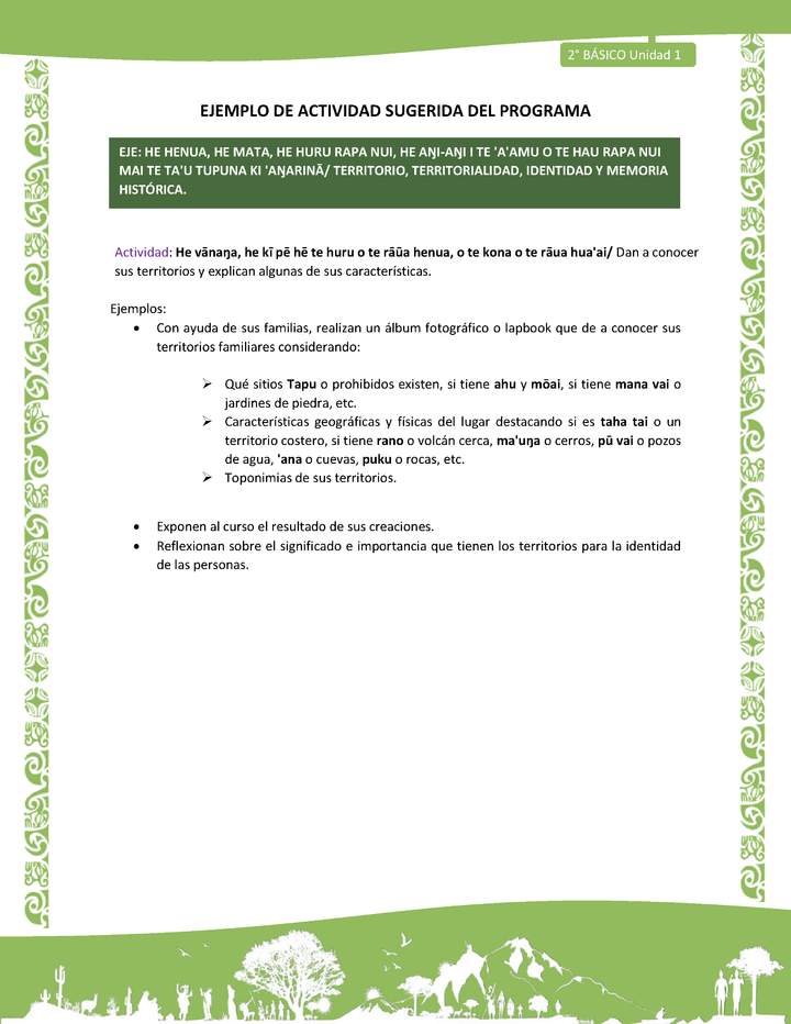 Actividad sugerida LC02 - Rapa Nui - U1 - N°15: Dan a conocer sus territorios y explican algunas de sus características. Actividad sugerida LC02 - Rapa Nui - U1 - N°15: Dan a conocer sus territorios y explican algunas de sus características.