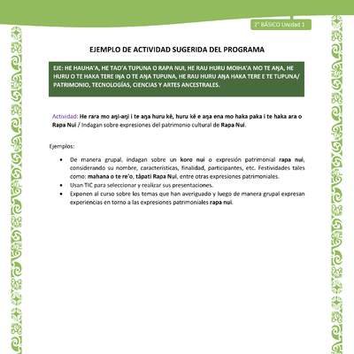 Actividad sugerida LC02 - Rapa Nui - U1 - N°20: Indagan sobre expresiones del patrimonio cultural de Rapa Nui. Actividad sugerida LC02 - Rapa Nui - U1 - N°20: Indagan sobre expresiones del patrimonio cultural de Rapa Nui.