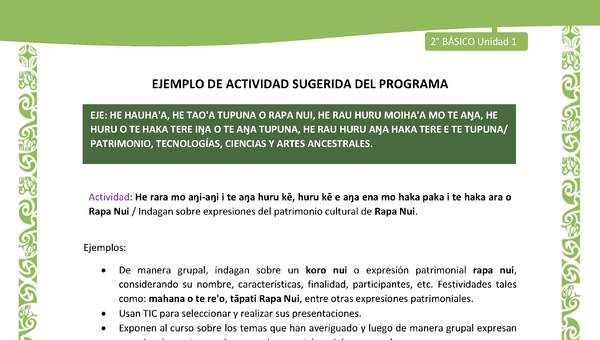 Actividad sugerida LC02 - Rapa Nui - U1 - N°20: Indagan sobre expresiones del patrimonio cultural de Rapa Nui. Actividad sugerida LC02 - Rapa Nui - U1 - N°20: Indagan sobre expresiones del patrimonio cultural de Rapa Nui.