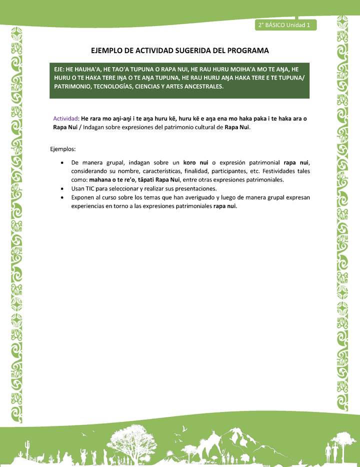 Actividad sugerida LC02 - Rapa Nui - U1 - N°20: Indagan sobre expresiones del patrimonio cultural de Rapa Nui. Actividad sugerida LC02 - Rapa Nui - U1 - N°20: Indagan sobre expresiones del patrimonio cultural de Rapa Nui.