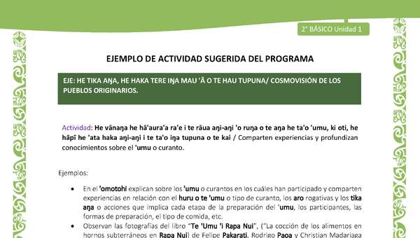 Actividad sugerida LC02 - Rapa Nui - U1 - N°17: Comparten experiencias y profundizan conocimientos sobre el 'umu o curanto. Actividad sugerida LC02 - Rapa Nui - U1 - N°17: Comparten experiencias y profundizan conocimientos sobre el 'umu o curanto.