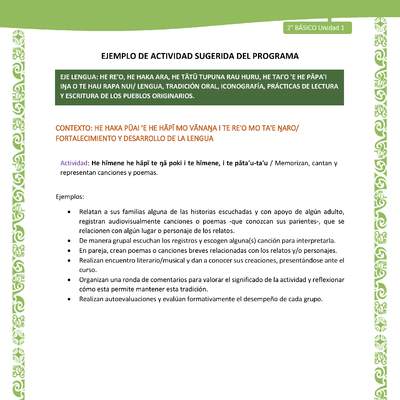 Actividad sugerida LC02 - Rapa Nui - U1 - N°10: Memorizan, cantan y representan canciones y poemas. Actividad sugerida LC02 - Rapa Nui - U1 - N°10: Memorizan, cantan y representan canciones y poemas.