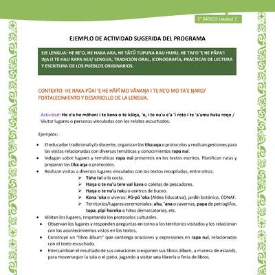 Actividad sugerida LC02 - Rapa Nui - U2 - N°21: Visitar lugares o personas vinculadas con los relatos escuchados. Actividad sugerida LC02 - Rapa Nui - U2 - N°21: Visitar lugares o personas vinculadas con los relatos escuchados.