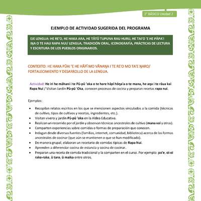 Actividad sugerida LC02 - Rapa Nui - U2 - N°22: Visitan Jardín Pū-pū 'Oka, conocen procesos de cocina y preparan recetas rapa nui. Actividad sugerida LC02 - Rapa Nui - U2 - N°22: Visitan Jardín Pū-pū 'Oka, conocen procesos de cocina y preparan recetas rapa nui.