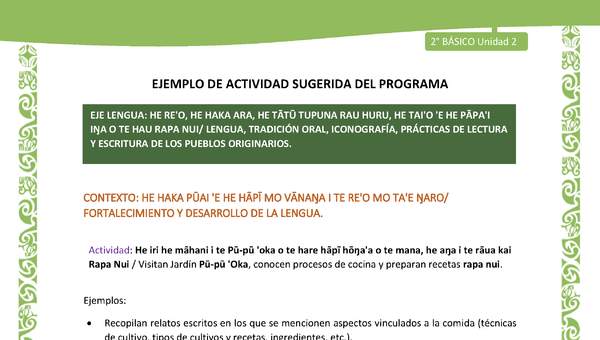 Actividad sugerida LC02 - Rapa Nui - U2 - N°22: Visitan Jardín Pū-pū 'Oka, conocen procesos de cocina y preparan recetas rapa nui. Actividad sugerida LC02 - Rapa Nui - U2 - N°22: Visitan Jardín Pū-pū 'Oka, conocen procesos de cocina y preparan recetas rapa nui.