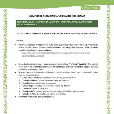 Actividad sugerida LC02 - Rapa Nui - U2 - N°30: Ven video del 'umu o curanto. Actividad sugerida LC02 - Rapa Nui - U2 - N°30: Ven video del 'umu o curanto.