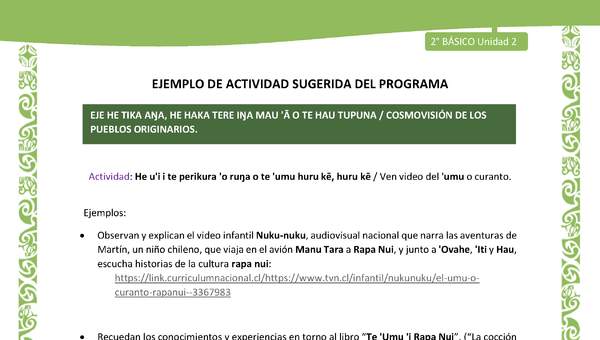 Actividad sugerida LC02 - Rapa Nui - U2 - N°30: Ven video del 'umu o curanto. Actividad sugerida LC02 - Rapa Nui - U2 - N°30: Ven video del 'umu o curanto.