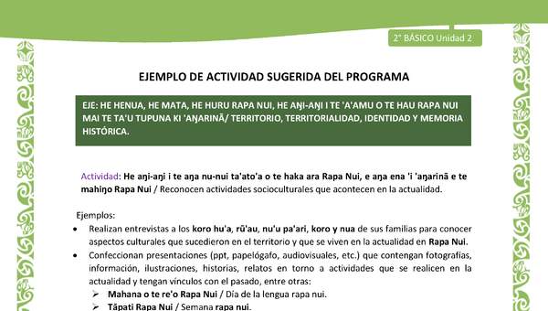 Actividad sugerida LC02 - Rapa Nui - U2 - N°25: Reconocen actividades socioculturales que acontecen en la actualidad. Actividad sugerida LC02 - Rapa Nui - U2 - N°25: Reconocen actividades socioculturales que acontecen en la actualidad.