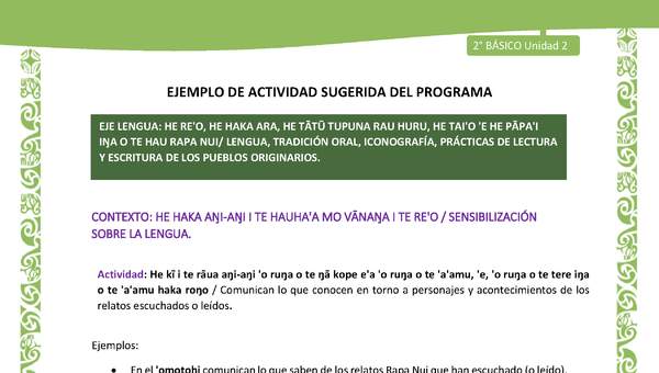Actividad sugerida LC02 - Rapa Nui - U2 - N°01: Comunican lo que conocen en torno a personajes y acontecimientos de los relatos escuchados o leídos. Actividad sugerida LC02 - Rapa Nui - U2 - N°01: Comunican lo que conocen en torno a personajes y acontecimientos de los relatos escuchados o leídos.