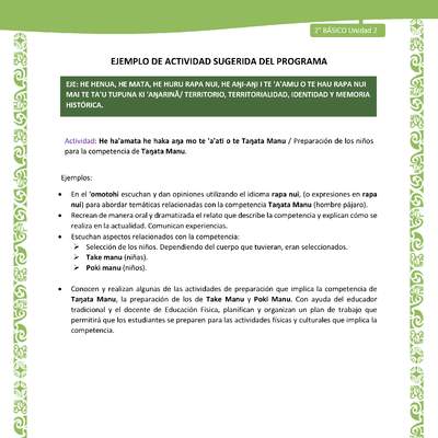Actividad sugerida LC02 - Rapa Nui - U2 - N°27: Preparación de los niños para la competencia de Taŋata Manu. Actividad sugerida LC02 - Rapa Nui - U2 - N°27: Preparación de los niños para la competencia de Taŋata Manu.