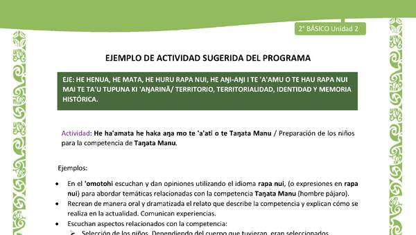 Actividad sugerida LC02 - Rapa Nui - U2 - N°27: Preparación de los niños para la competencia de Taŋata Manu. Actividad sugerida LC02 - Rapa Nui - U2 - N°27: Preparación de los niños para la competencia de Taŋata Manu.