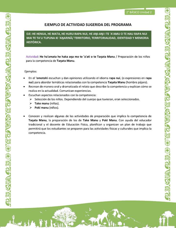 Actividad sugerida LC02 - Rapa Nui - U2 - N°27: Preparación de los niños para la competencia de Taŋata Manu. Actividad sugerida LC02 - Rapa Nui - U2 - N°27: Preparación de los niños para la competencia de Taŋata Manu.
