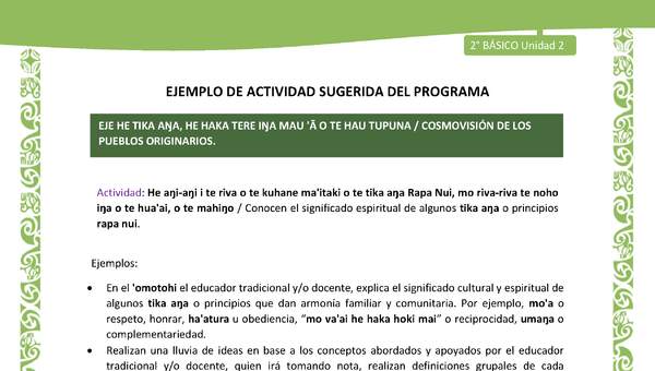 Actividad sugerida LC02 - Rapa Nui - U2 - N°29: Conocen el significado espiritual de algunos tika aŋa o principios rapa nui. Actividad sugerida LC02 - Rapa Nui - U2 - N°29: Conocen el significado espiritual de algunos tika aŋa o principios rapa nui.