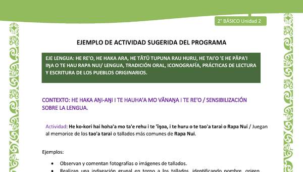 Actividad sugerida LC02 - Rapa Nui - U2 - N°05: Juegan al memorice de los tao'a tarai o tallados más comunes de Rapa Nui. Actividad sugerida LC02 - Rapa Nui - U2 - N°05: Juegan al memorice de los tao'a tarai o tallados más comunes de Rapa Nui.