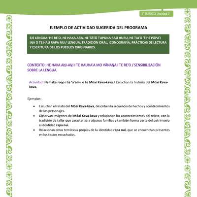 Actividad sugerida LC02 - Rapa Nui - U2 - N°04: Escuchan la historia del Mōai Kavakava. Actividad sugerida LC02 - Rapa Nui - U2 - N°04: Escuchan la historia del Mōai Kavakava.