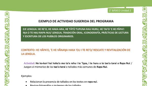 Actividad sugerida LC02 - Rapa Nui - U2 - N°10: Juegan al memorice de los tao'a tarai o tallados más comunes de Rapa Nui. Actividad sugerida LC02 - Rapa Nui - U2 - N°10: Juegan al memorice de los tao'a tarai o tallados más comunes de Rapa Nui.