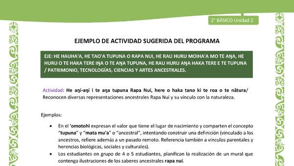 Actividad sugerida LC02 - Rapa Nui - U2 - N°35: Reconocen diversas representaciones ancestrales Rapa Nui y su vínculo con la naturaleza. Actividad sugerida LC02 - Rapa Nui - U2 - N°35: Reconocen diversas representaciones ancestrales Rapa Nui y su vínculo con la naturaleza.