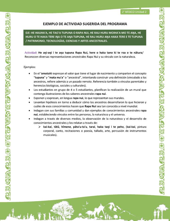 Actividad sugerida LC02 - Rapa Nui - U2 - N°35: Reconocen diversas representaciones ancestrales Rapa Nui y su vínculo con la naturaleza. Actividad sugerida LC02 - Rapa Nui - U2 - N°35: Reconocen diversas representaciones ancestrales Rapa Nui y su vínculo con la naturaleza.